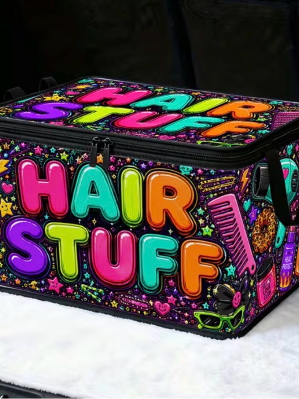 Colorful "Hair Stuff" Storage Box – Neon Multi Design - Picture 2 of 5
